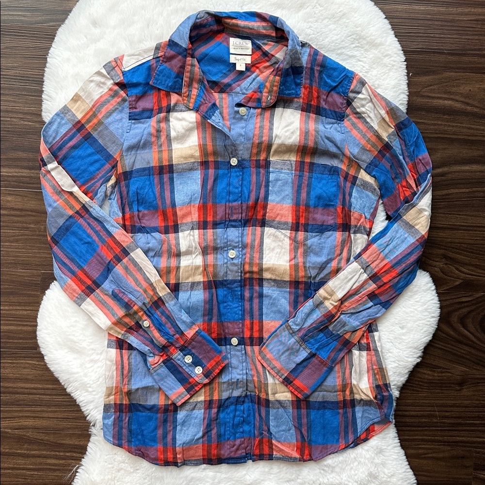 J.Crew Perfect Fit Plaid Button Down Shirt Blue Orange Cream size Small
